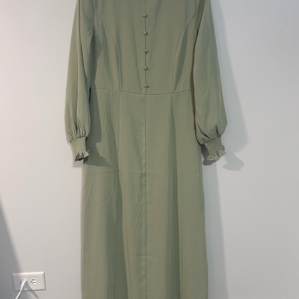 Green Buttoned Long Sleeve Bishop Dress